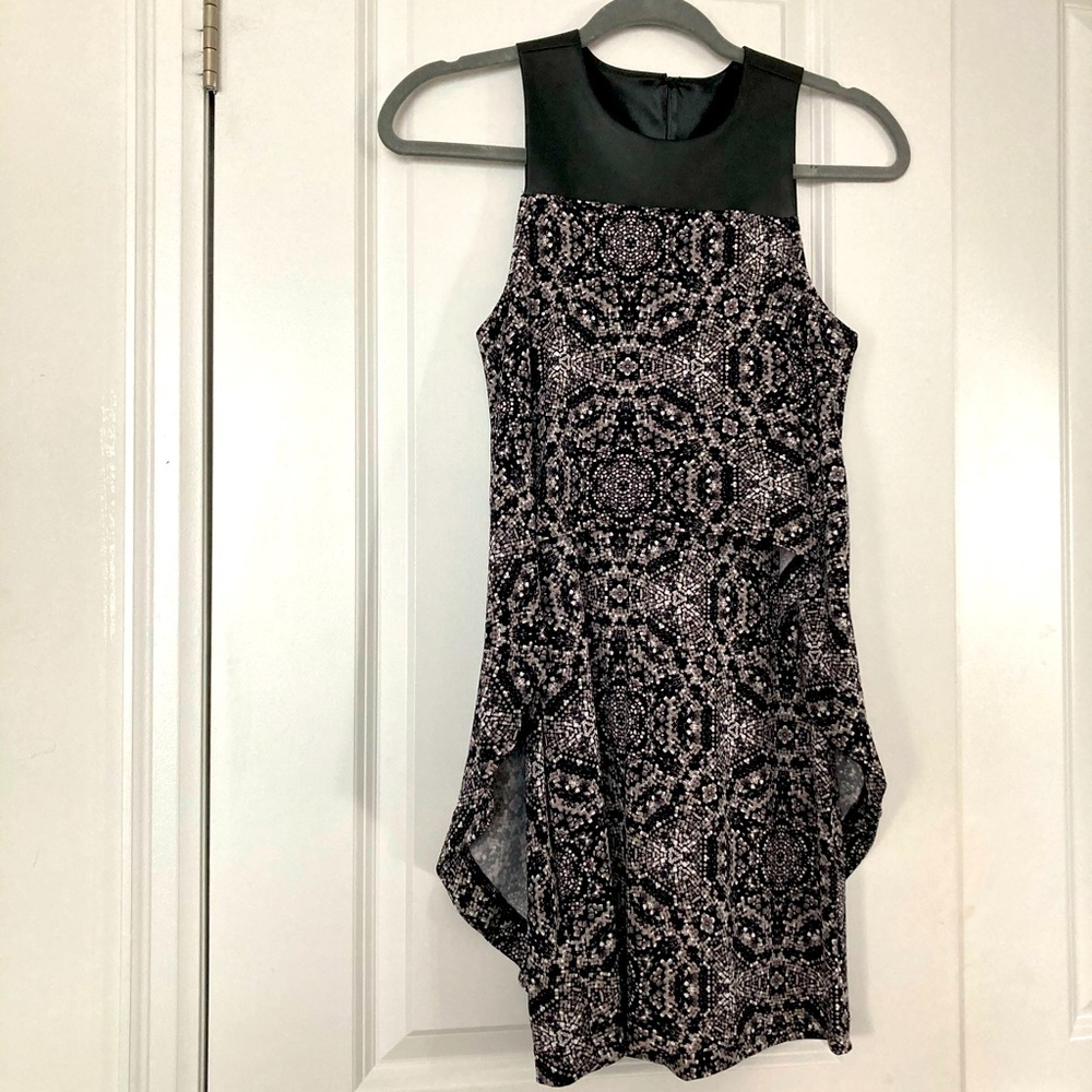 BCBG dress with faux leather top & high-low layer
